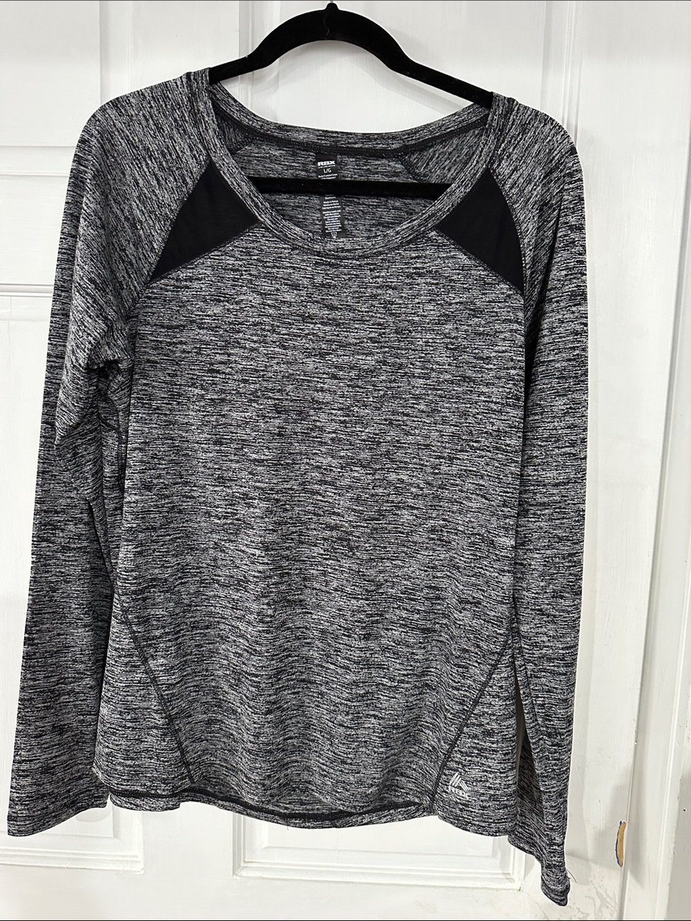 RBX Gray Heathered Long-Sleeve Top with Black Shoulder Panels